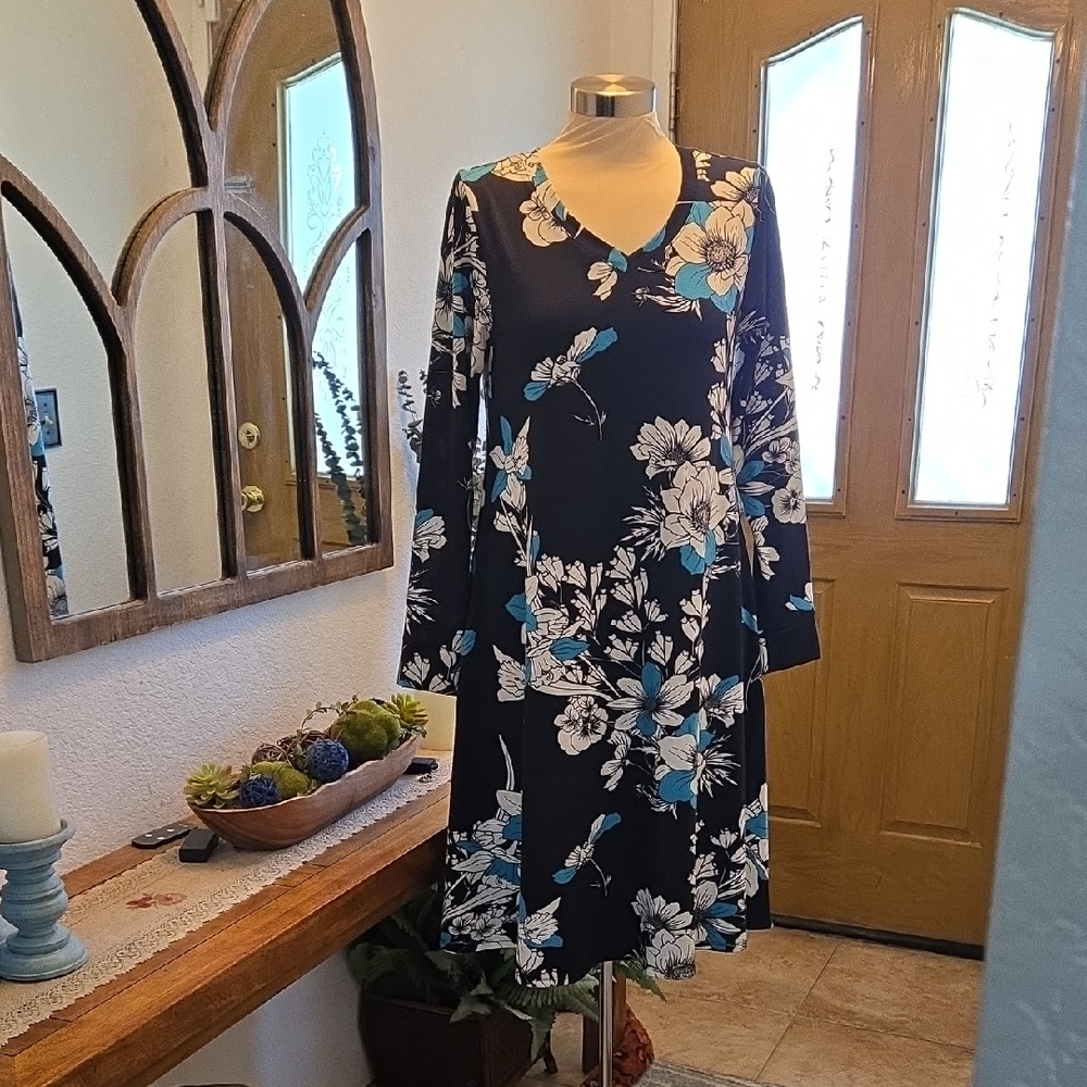 LuLaRoe Navy and Teal Floral Long Sleeve Dress